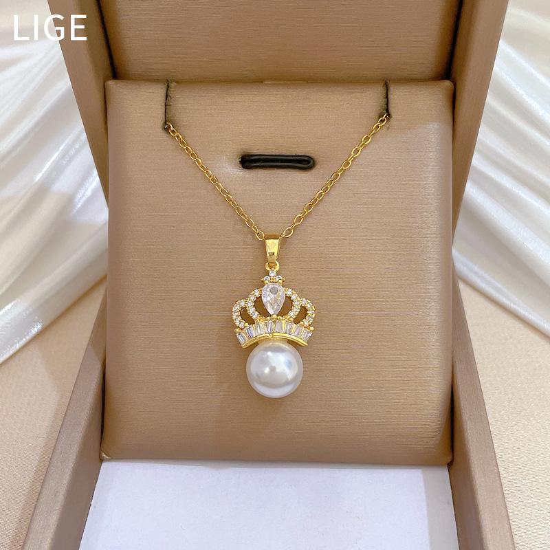 Necklace Earrings Set Light Luxury Full Of Diamonds Pearl Crown Personality Temperament Banquet Earrings Necklace Group