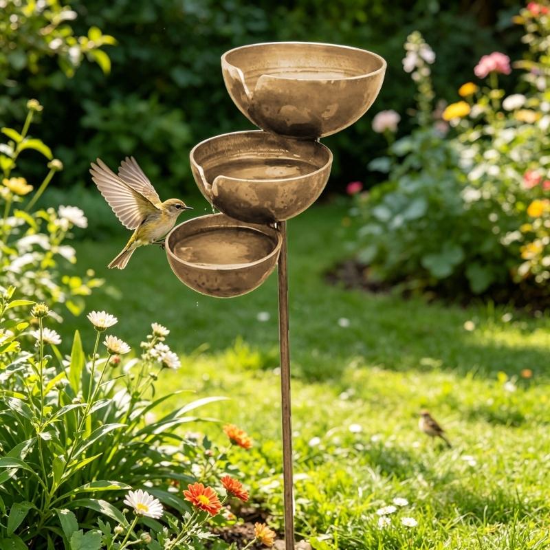 Weathered Metal Bird Water Feeder Outdoor Iron Water Dispenser Metal Rain Collection Bird Bath 3-Layer Rain Catchers Garden Stake