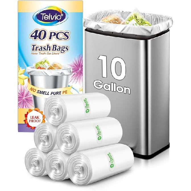 10 Gallon 40 Counts Medium Trash Bags Tall Kitchen Garbage Bags by Teivio, 9 Gallon 10 Gallon 11 Gallon,Bathroom Trash Can Bin Liners, Intended for 10Gal-Clear-40pcs