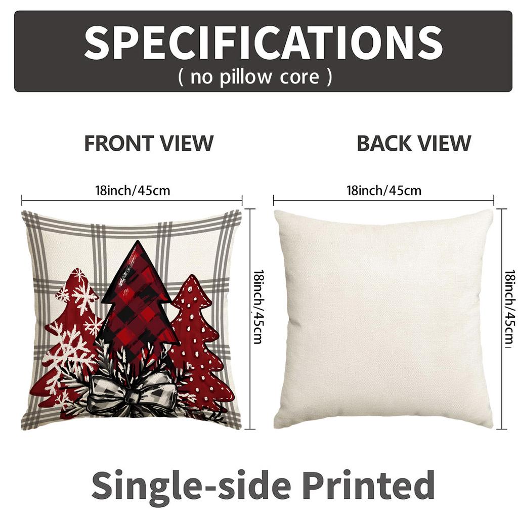 1/4Pcs Red Christmas Pillowcase Snowflake Bow Grid Christmas Tree Single Sided Printed Cushion Cover, Christmas Decorations
