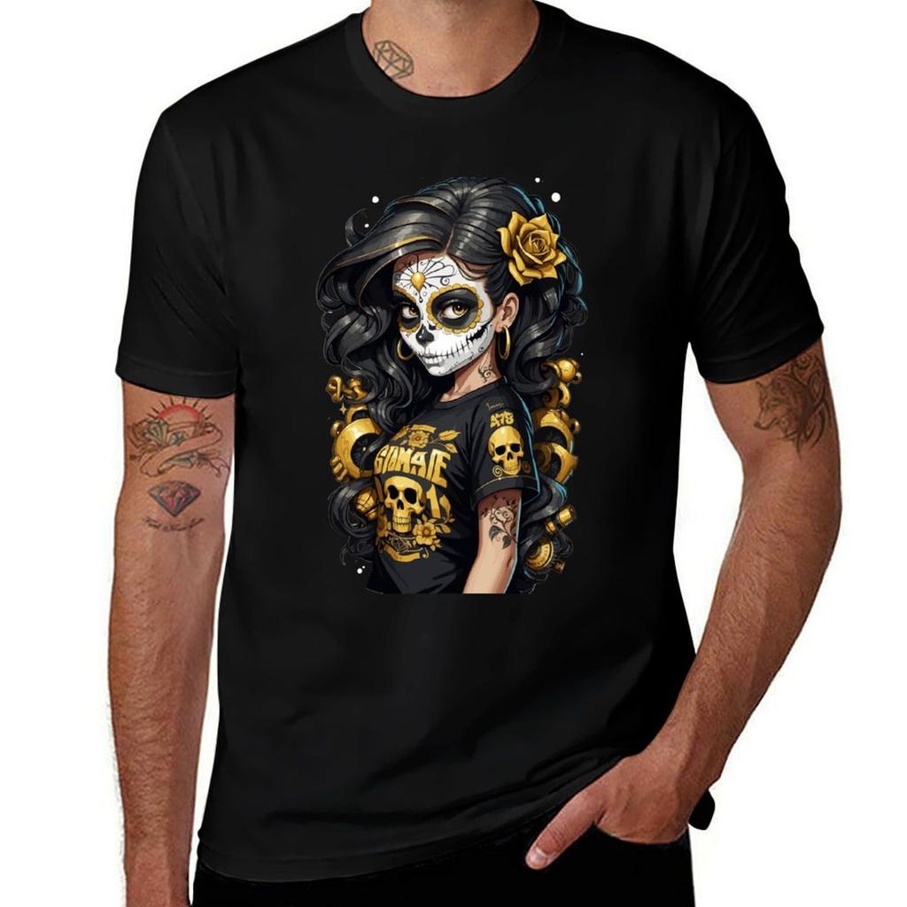 Sugar Skull Girl with Black Hair and a Single Gold Rose TShirt Soft Casual Short Sleeve Cotton Tee