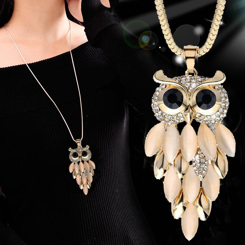 Fashion Crystal Opal Owl Long Necklace for Women New Statement Sweater Chain Necklaces