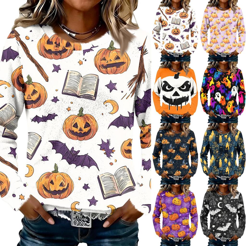 Women's Long Sleeve Flannel Top with Halloween Print for Fall Holiday