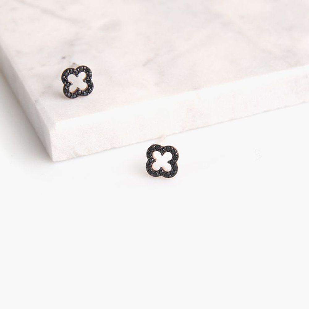 Jlauren M01306 Black Cubic Clover Rose Gold Earrings [30297824]