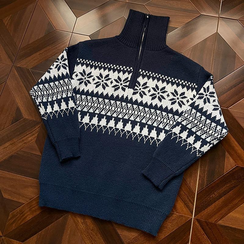 Men s Winter Fair Isle Apricot Knit Half-Zip Turtleneck Sweater - Loose Fit for a Relaxed Feel. M