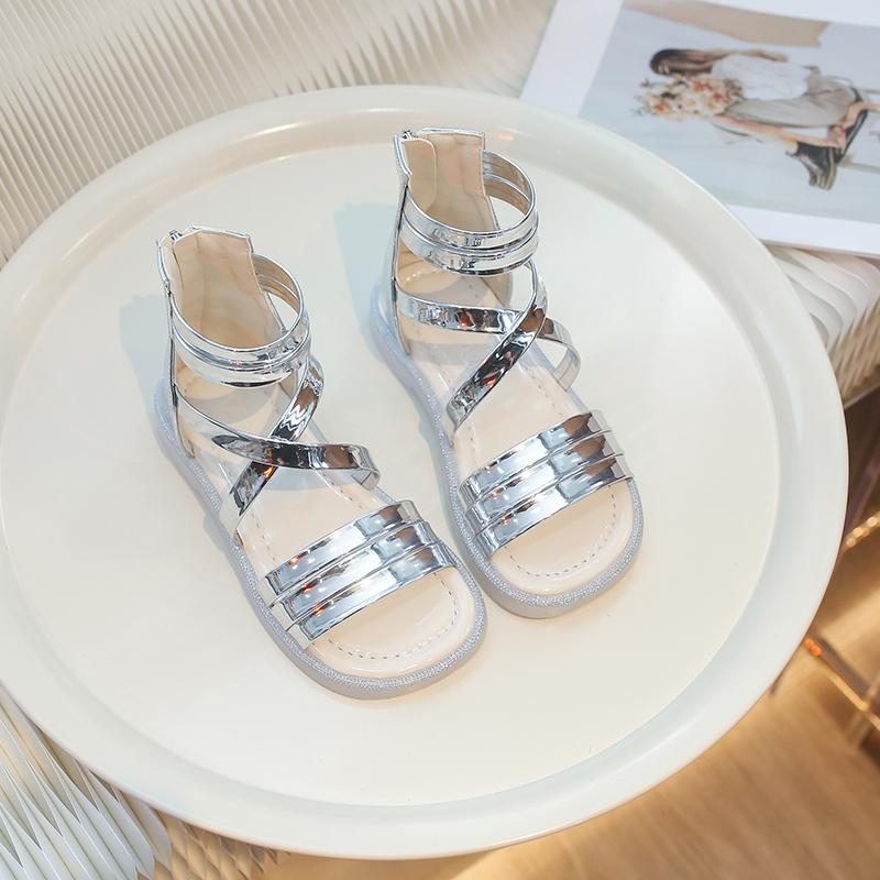 Girls Gladiator Sandals Non-slip Kids Glossy Princess Sandals Cut-outs Fashion Children Summer Beach Shoes Zipper Anti-Slippery