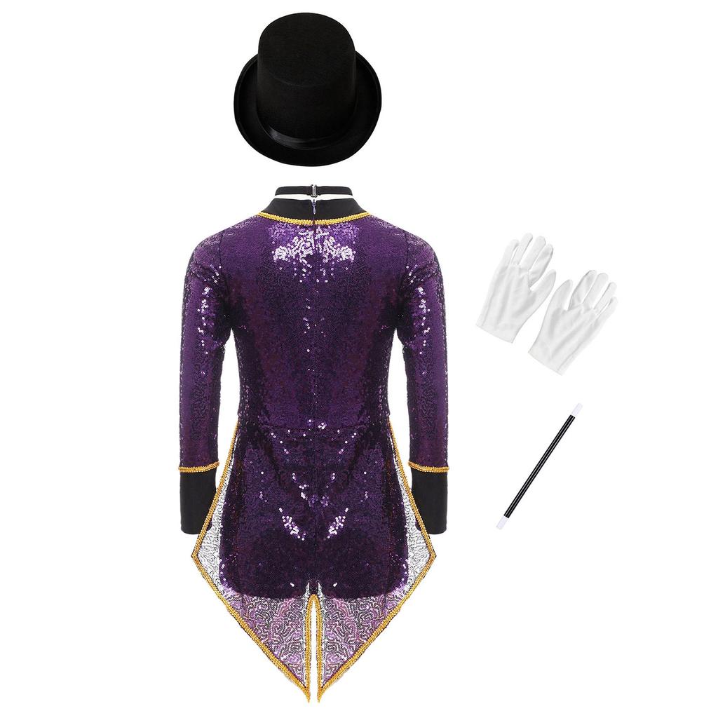 Complete Kids Magician Halloween Costume Set: Sequin Checkerboard Tailcoat Bodysuit with Hat, Bow Tie, Gloves & Magic Wand