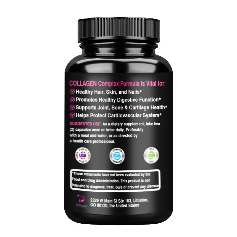 Kollagenkomplex-Kapseln, enthaltend hydrolysierte Fischkollagenpeptide, Verdauungsenzymmischung, GVO-frei.