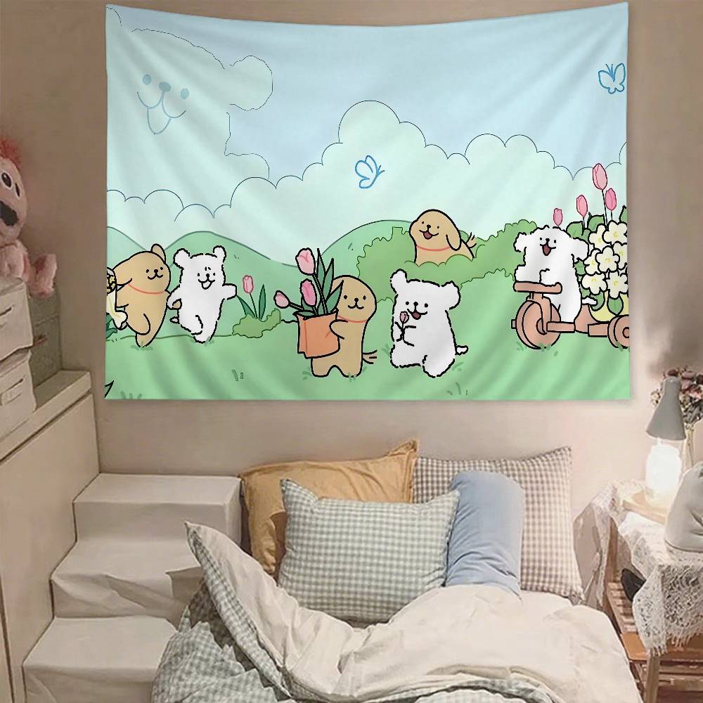 Cute Line Puppy Tapestry Wall Hanging Tapestry Art Deco Blanket Curtain Hanging At Home Bedroom Living Room Decor