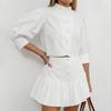 Summer cotton and linen white small stand-up collar five-quarter sleeve slim-fitting high-waisted short skirt two-piece set European and American 