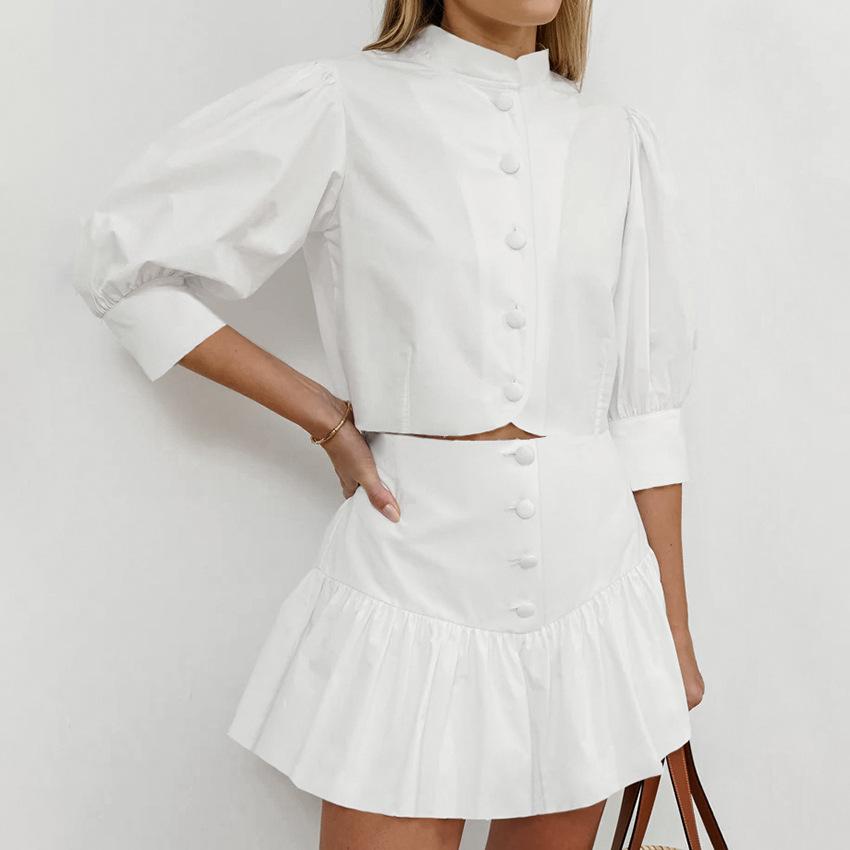 Summer cotton and linen white small stand-up collar five-quarter sleeve slim-fitting high-waisted short skirt two-piece set European and American 