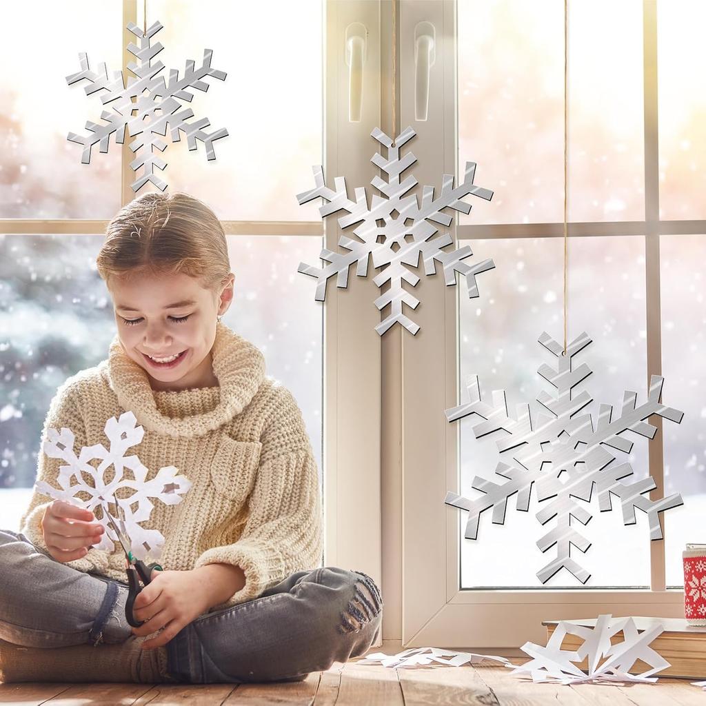 3 Pcs Metal Snowflake Wall Decor Winter Large Snowflake Decorations 12 10 8 Silver Rustic Snow Hanging Ornaments Farmhouse Metal Snow Flake on Rope