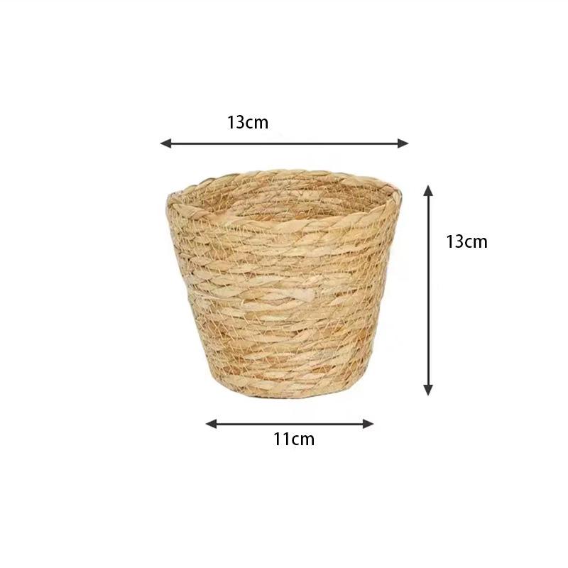 Handmade Straw Woven Flower Basket & Desktop Rattan Storage Ornament for Green Plants