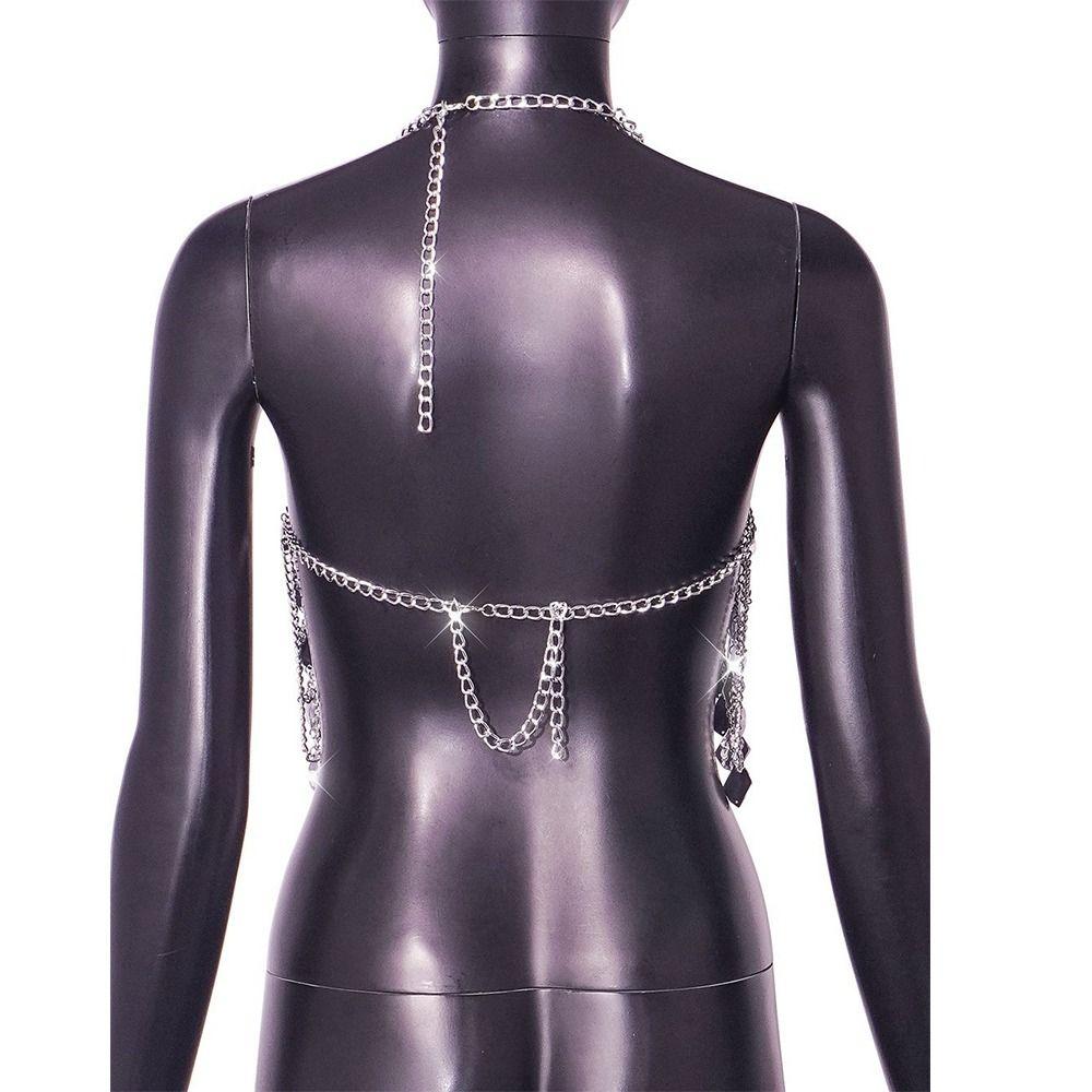 Silver Metal Gemstone Chest Ornaments Rhinestone Decor Bikini Straps Sexy Women'S Hollow Corset