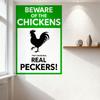 Beware of The Chickens Metal Tin Sign with Rooster Silhouette - They Can Be Real Real Peckers! Vintage Funny Warning Sign for Ho