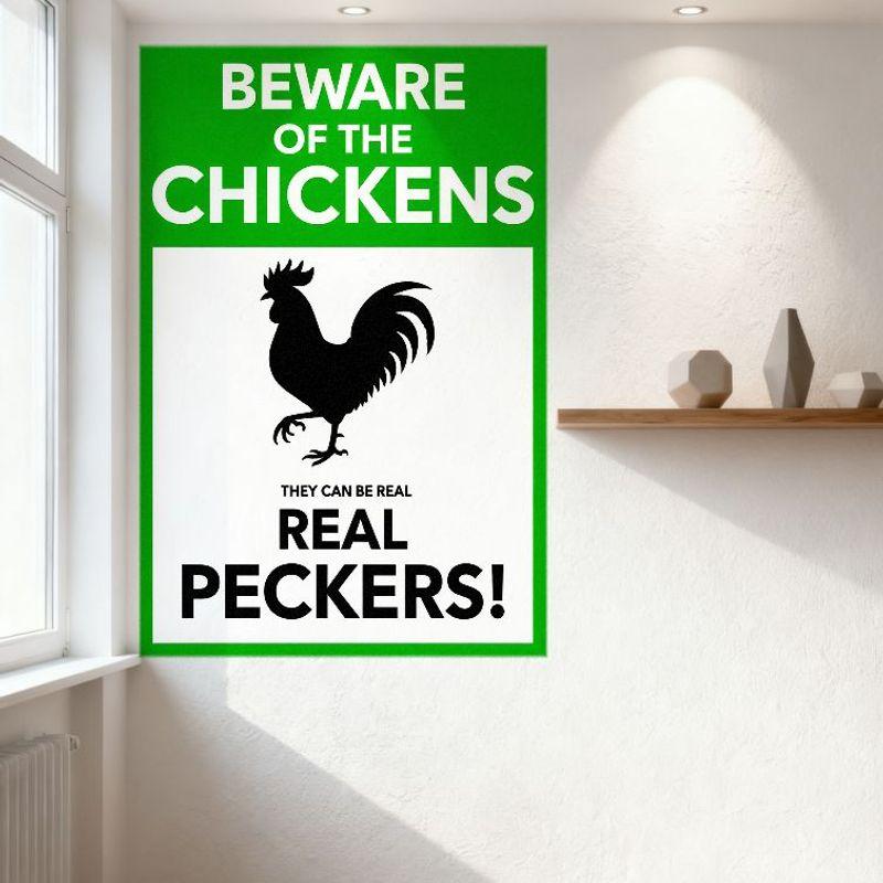 Beware of The Chickens Metal Tin Sign with Rooster Silhouette - They Can Be Real Real Peckers! Vintage Funny Warning Sign for Ho