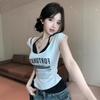 Summer Spice Girls Contrasting Color Splicing Printed Short Sleeve T-Shirt Women's Neck Strap Fake Two Pieces Design Sense Short Slim Top