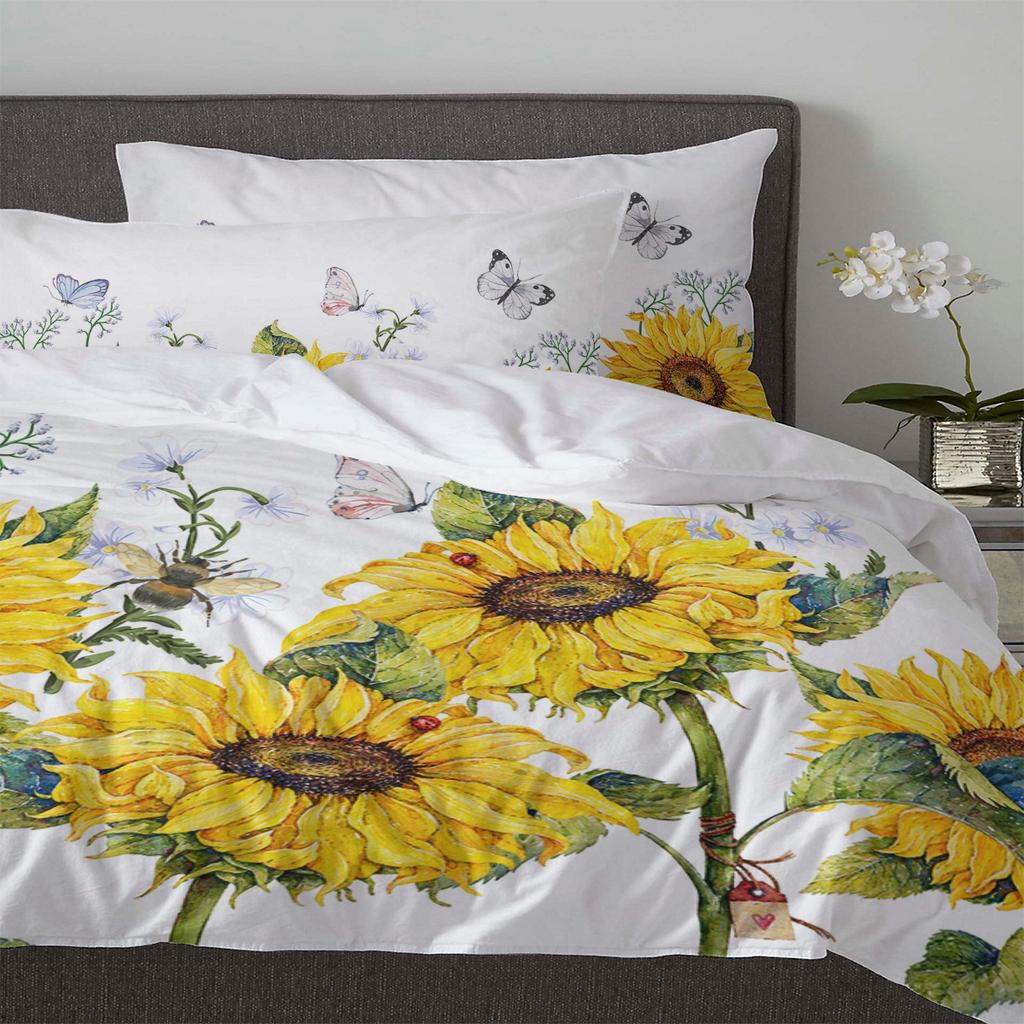Sunflower Flower Butterfly Bee White Duvet Cover With Pillow Case Custom 3pcs Bedding Set Quilt Cover Double Bed Home Textile