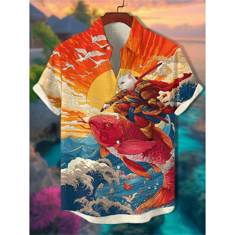 Men's Summer Fashion Printed Short-Sleeve Shirt, Casual Retro Men's Trendy Lapel Casual Top, Hawaiian Shirt