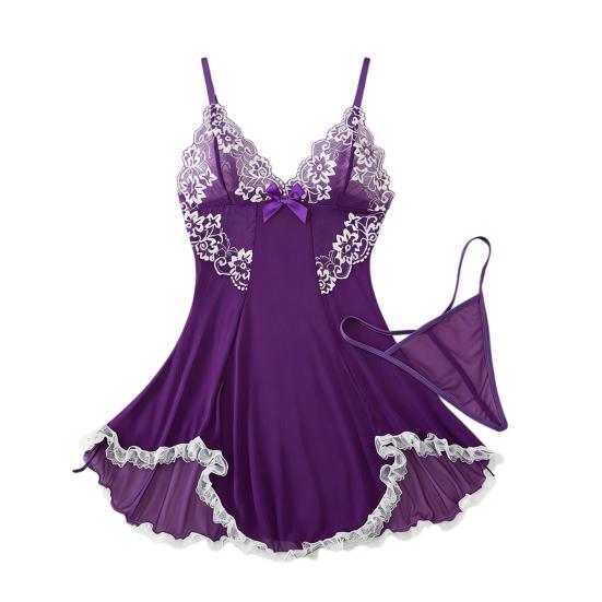 Plus Size Sexy Babydoll Nightdress for Women, V Neck Lace Sheer Mesh Nightgown, Spaghetti Strap Chemise Slip Dress with Thong