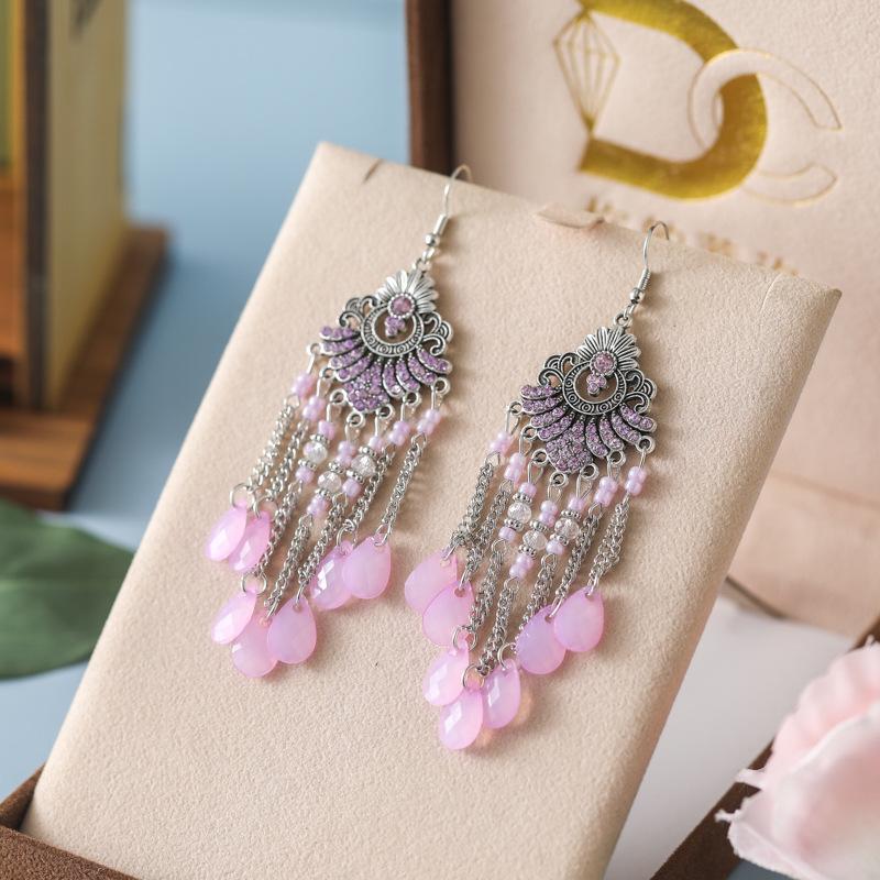 Bohemian Water Drop Rhinestone Earrings with Multi-Layer Beads - Retro Fan-Shaped Dangle Design