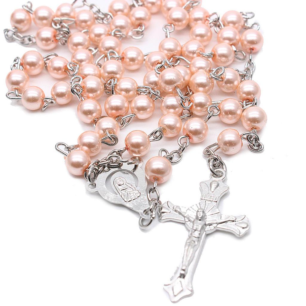 Pink Pearl Cross Rosary Necklaces Bead Hangable Pendant Charm for Women Men Praying Meditation Gift Supplies