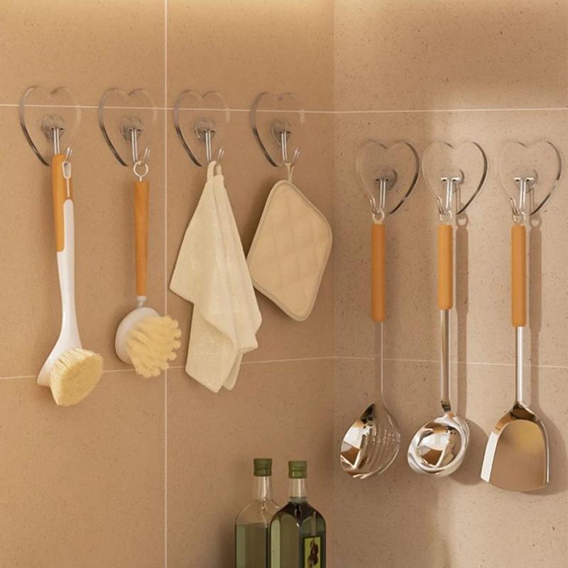 Heart Shape Transparent Hooks Non Punching Plastic Love Hangers Holder Self Adhesive Key Towel Multi-Purpose Hooks Storage Rack