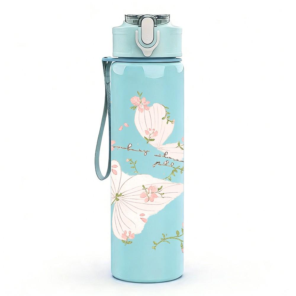 1PC Soft Pink Cherry Blossom Floral Print 750ml Color Plastic Sports Water Bottle Leakproof Flip Straw Lid Suitable for Sports Office Home Use