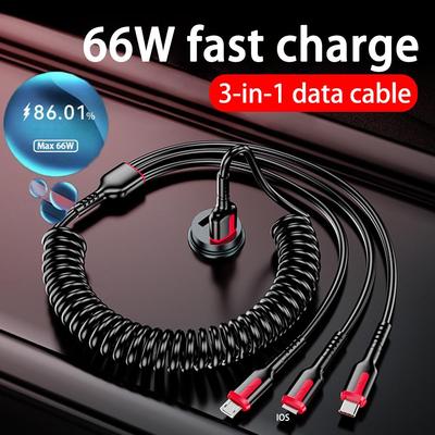66W 6A 3 vienā ātrās uzlādes datu kabelis Micro USB IOS C tipa atsperu kabeļa automašīnas tālruņa lādētāja kabelis priekš Huawei Xiaomi Samsung iPhone