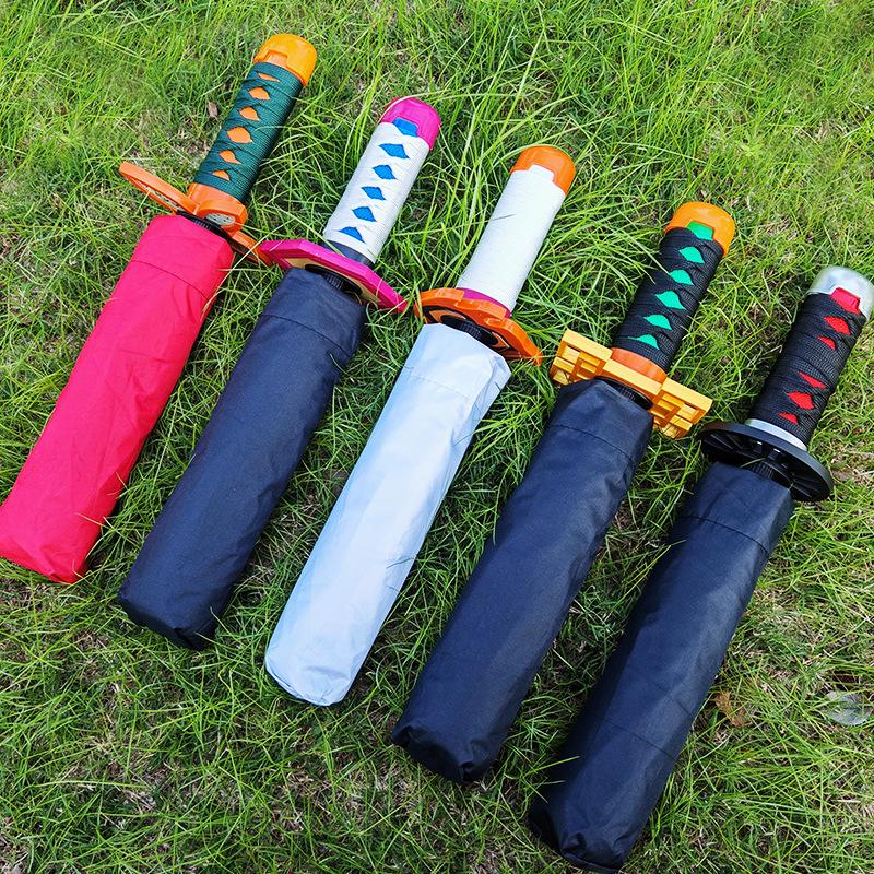 Demon Slayer Katana Umbrella Long Handle UV Blocking Black Parasol Kochou Shinobu Japanese Katana Sword Umbrella Anime Raincoa