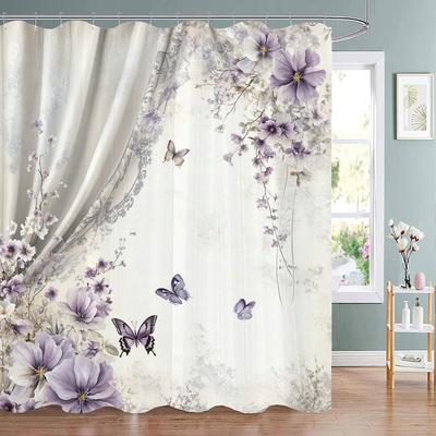 Watercolor Purple Flowers And Butterflies Printed Shower Curtain, Bathroom Curtain, Home Decoration Curtain With Hooks