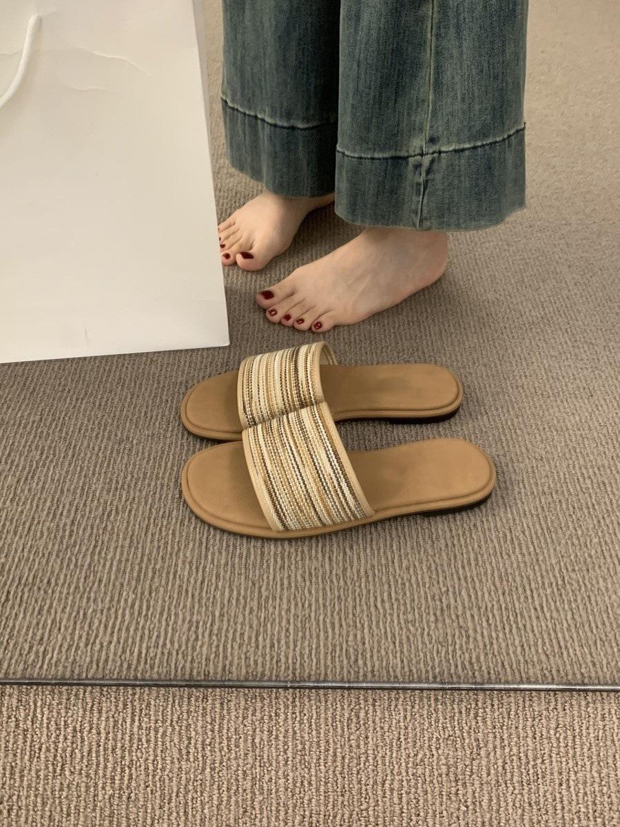 

Ethnic style woven word with flat bottom slippers women s summer wear 2025 new casual beach sandals 35 хаки