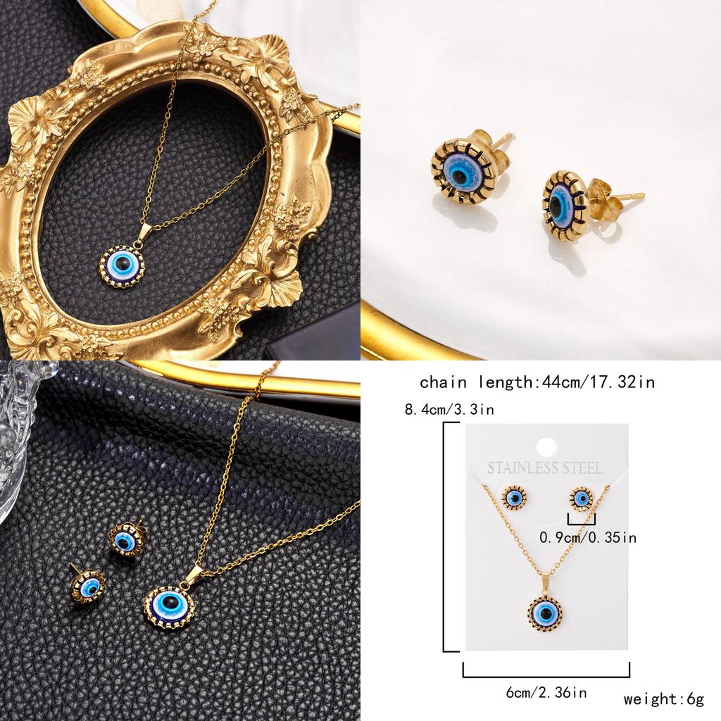 Turkish Evil Eye Jewelry Set With Geometric Alloy Pendant And Chain For Women