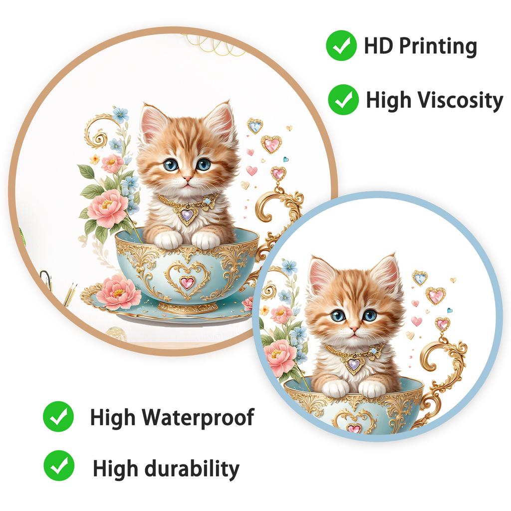 Cat Tea Cup Floral Heart Wall Sticker Self-Adhesive No Glue Residue Hallway Bedroom Home Decor Art