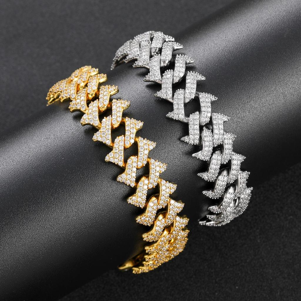 European American 18mm Thorn Hip Hop Men's Spring Buckle Cuban Bracelet Rhodium Plated Trendy Personalized Full Diamond Zircon