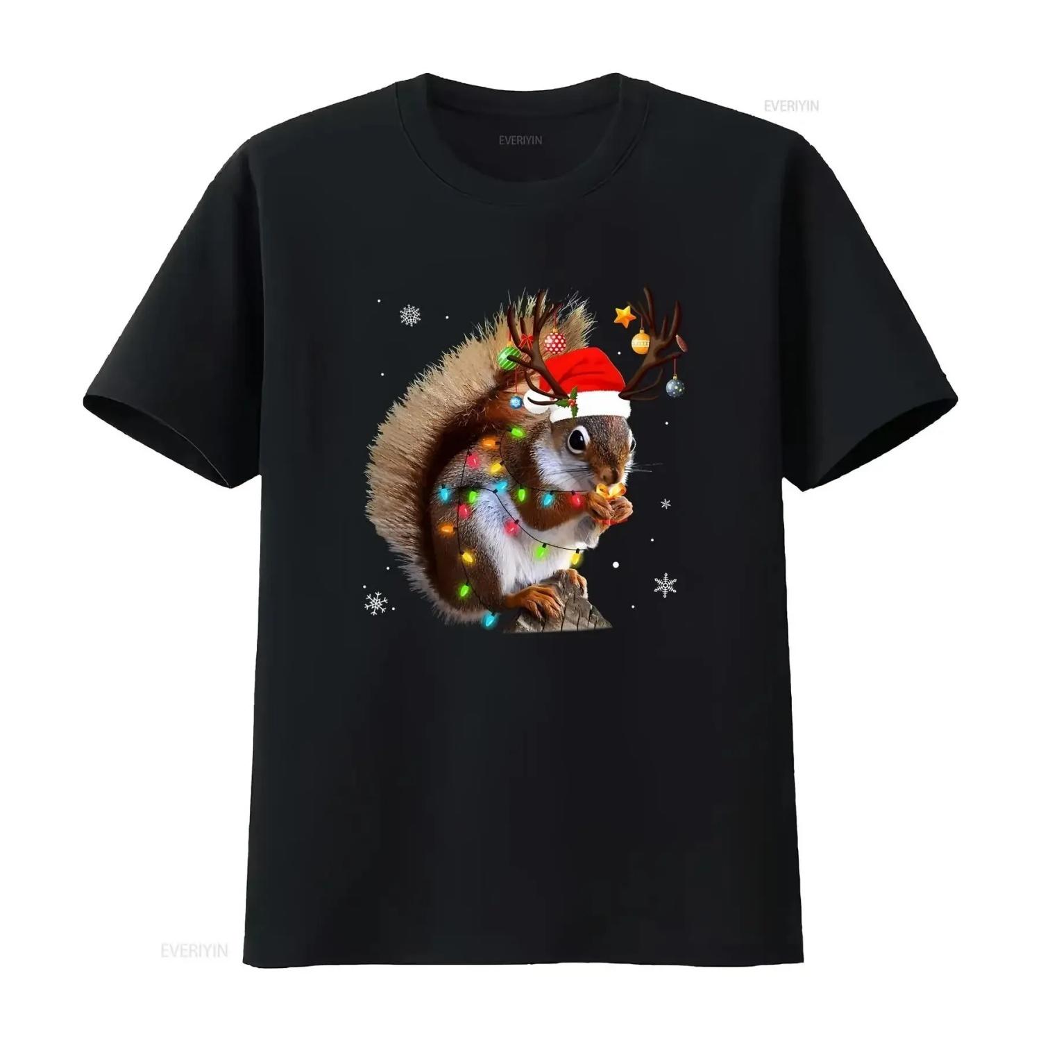 

Funny Squirrel Christmas Reindeer Lights Pajama T Shirt vintage Washed Comfortable Soft Unisex homme Versatile Slightly S чёрный