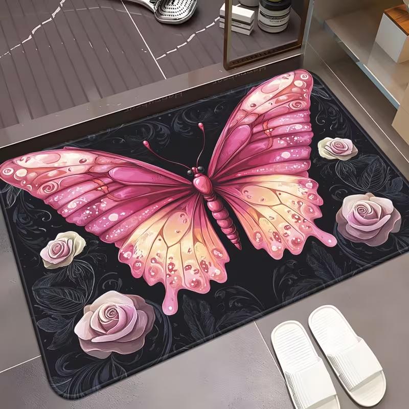 Gradient Pink Butterfly Rose Doormat Elegant Floral Print Non Slip Absorbent Door Mat for Entryway Front Door Home Decor