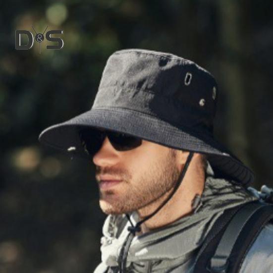 Men Summer Sun Hat Windproof Strap Wide Brim Anti-UV Sun Protection Foldable Portable Gardening Fishing Travel Cap Outdoor Fisherman Hat