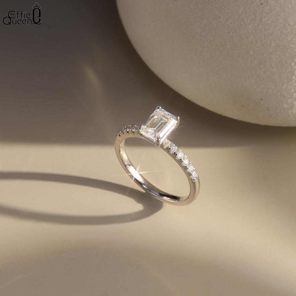 Anello Effie Queen 100% Argento Puro 925 Taglio Smeraldo Diamante Moissanite Gioielli Semplici per Donne Festa di Matrimonio Compleanni Regalo MOR08