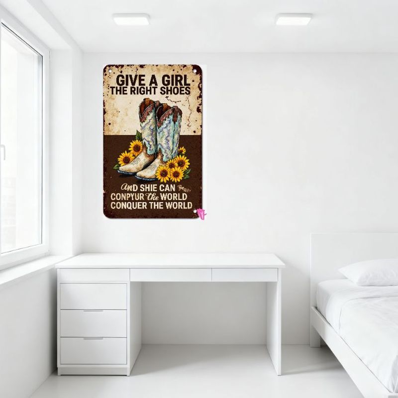 Vintage Western Metal Sign 'GIVE A GIRL THE RIGHT SHOES AND SHE CAN CONPYUR THE WORLD' with Cowboy Boots & Sunflowers Rustic Hom