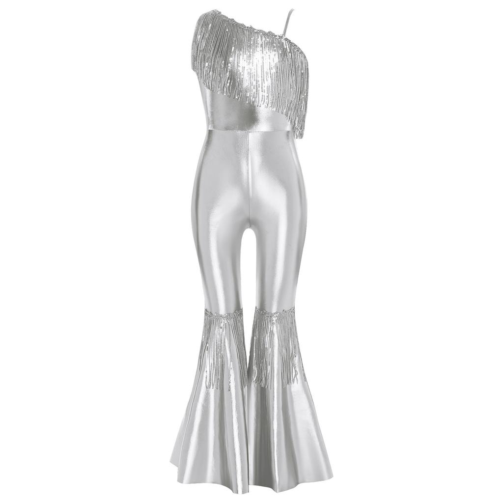 Combinaison Fille Paillettes Brillantes Design Sans Manches Décolleté Bardot Ornement à Franges Pantalon Évasé Taille Haute
