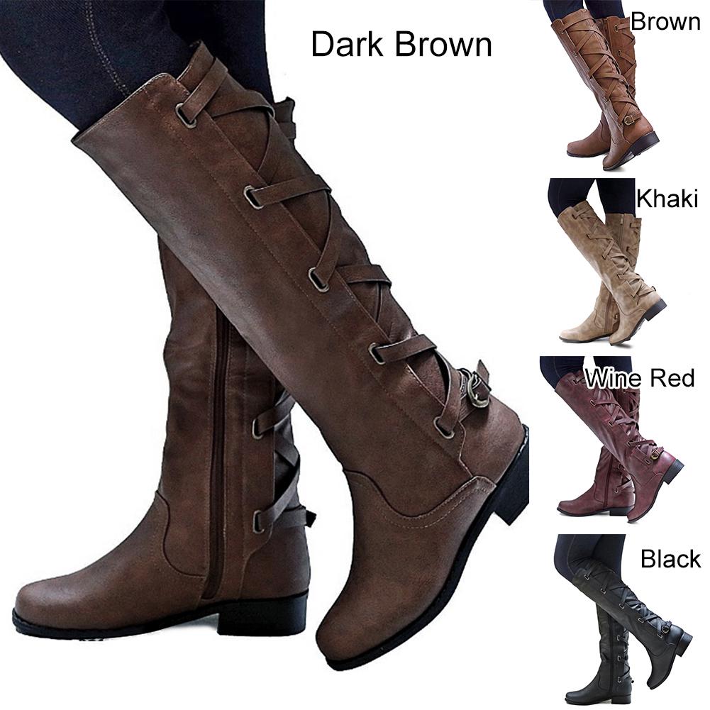 Buy Women's Leather Buckle Riding Knee High Cowboy Boots Retro Winter Boots Knight Boots at