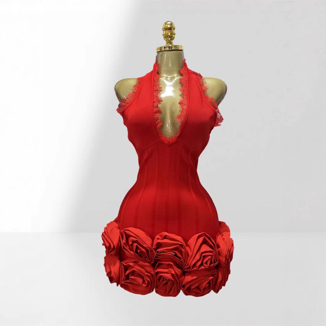 

Европейское и американское женское платье-халтер высокого класса - Сексуальный стиль с открытой спиной и голым животом с красным 3D цветочным бандажным дизайном Large красный