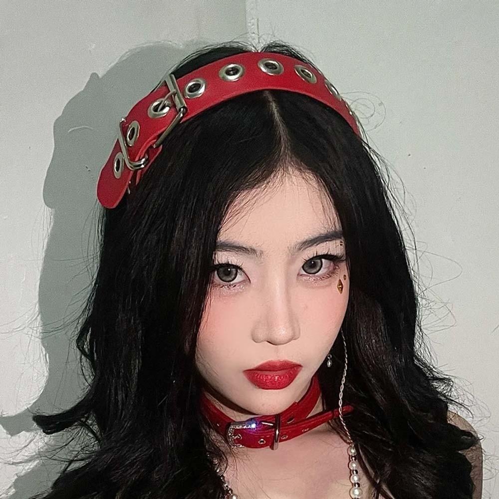 Y2K Steampunk Hair Hoop Rock-inspired Leather Buckle Hairband Metal Punk Rivet Headband  Outdoor