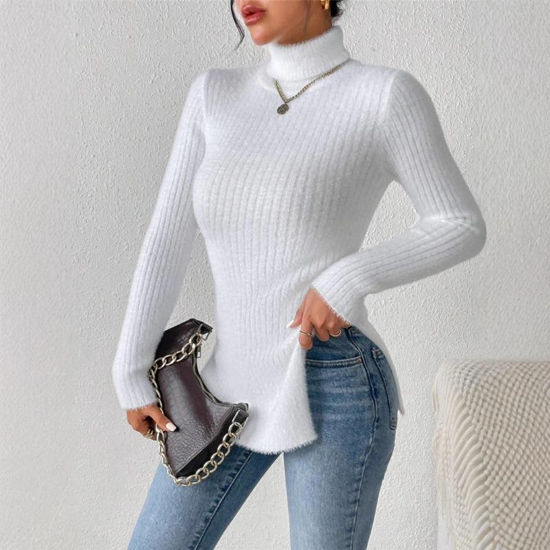 Women's Sexy Sweater Autumn Winter Turtleneck Knit Hem Slit Top Solid Color