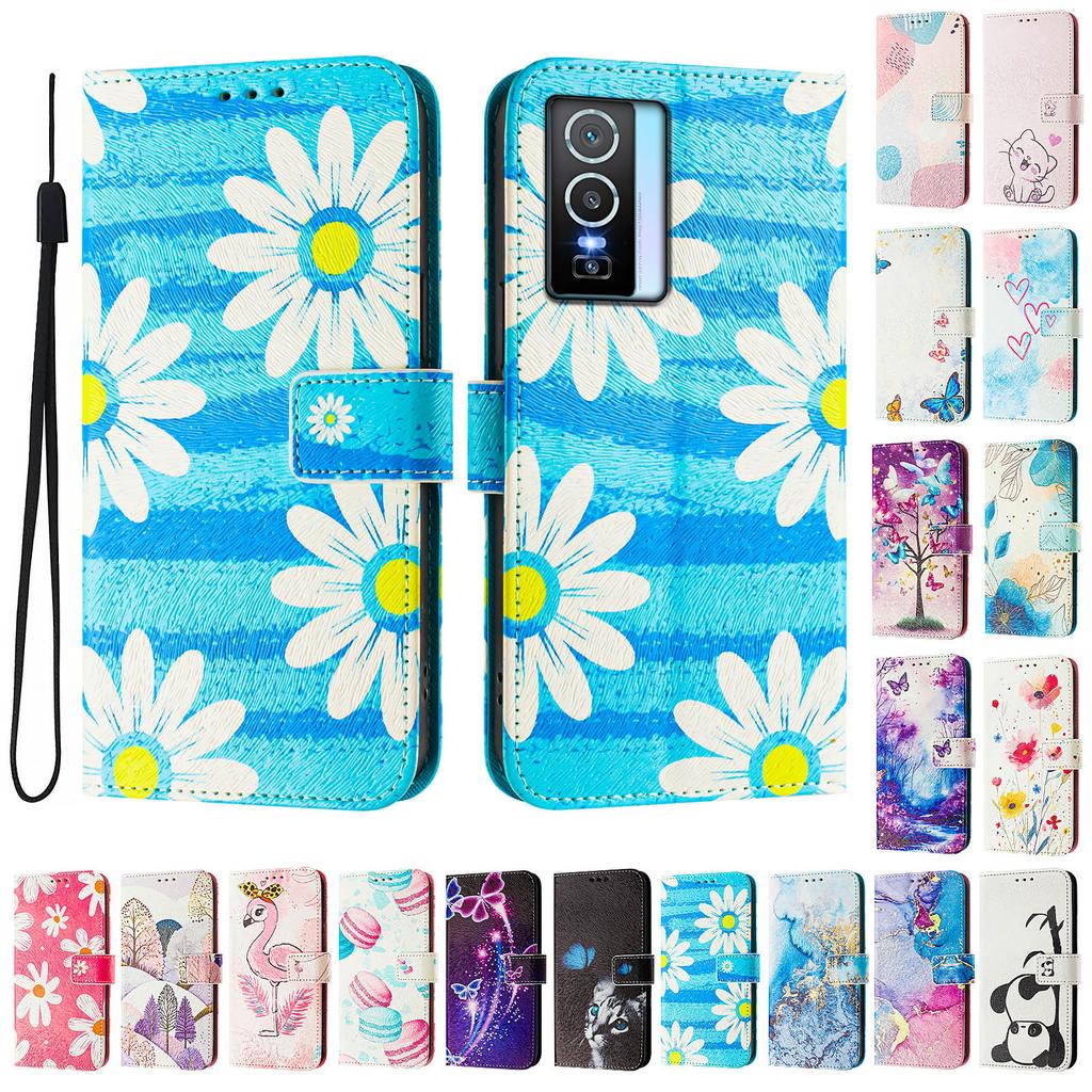 Blue Daisy Luxury Painted Leather Case Wallet Book Style Cover for Vivo Y20,Y35,Y51A,Y56,V27,Y78,V29,Y27,Y33S,Y19,V29E,Y17S,Y30,S19...