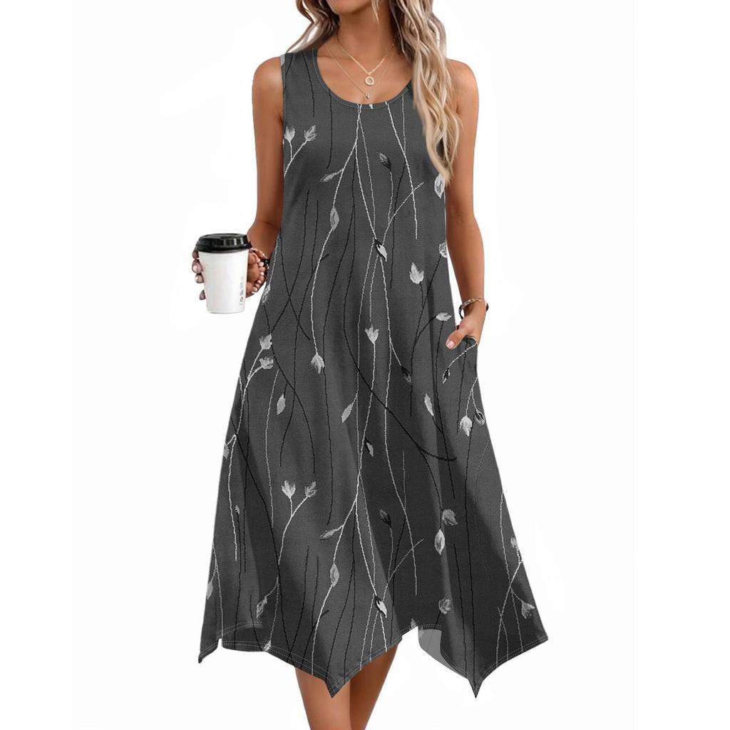 Damen Lässige Ärmellose Sommerkleider Frühling Rundhals Patchwork Boho Floral Rüschen Cocktailparty Midi-Kleid