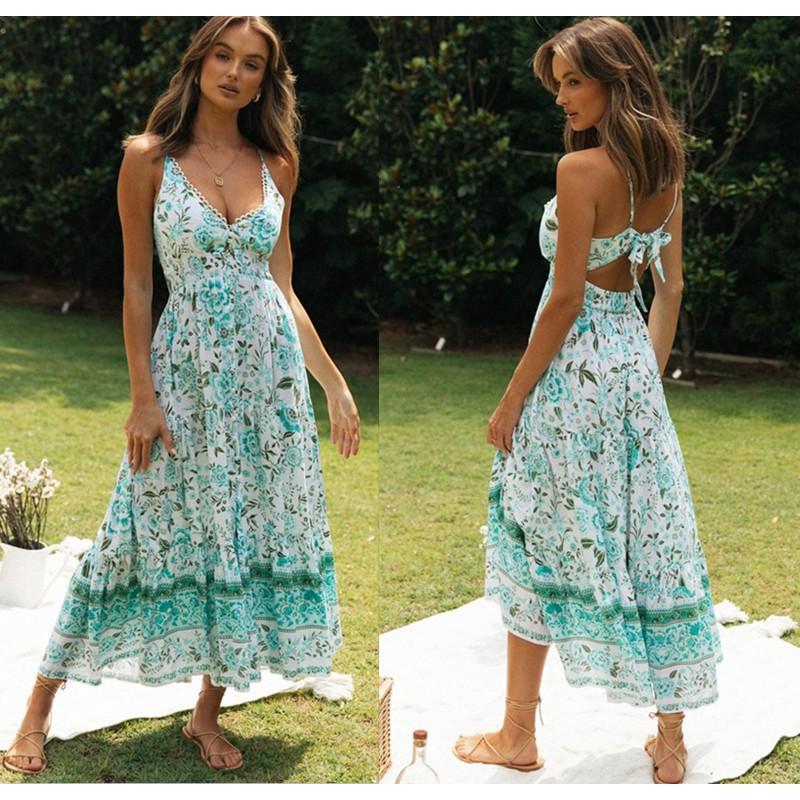 Women s V-neck Bohemian Positioning Pattern Long Dress Backless Lace L