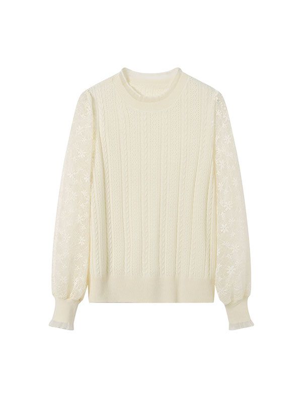 Spring Women's Lace Lantern Sleeve Hook Flower Hollow Knit Sweater Thin Cut with Black Fungus Collar Short Base Top