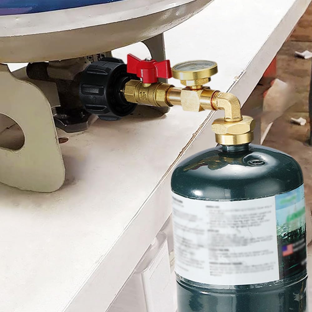 Upgraded Propane Refill Elbow Adapter with Tank Gauge,Fill 1 Pound Bottles from 20lb Tank, 1 Lb Throwaway Disposable Cylinder Propane Bottle